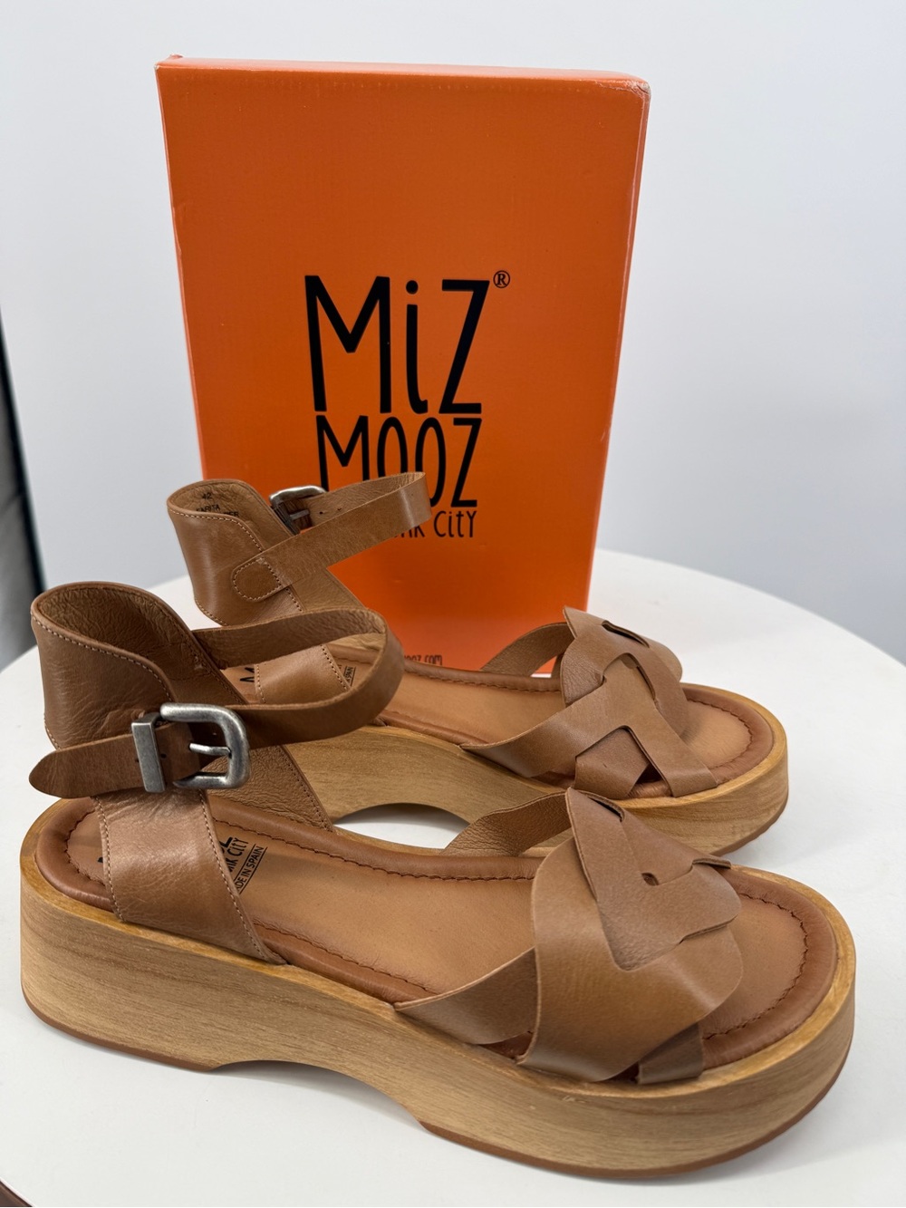 Miz Mooz NYC Sarita Wooden Platform Braided Buckle Color Toffee EU 42 US 10.5/11
